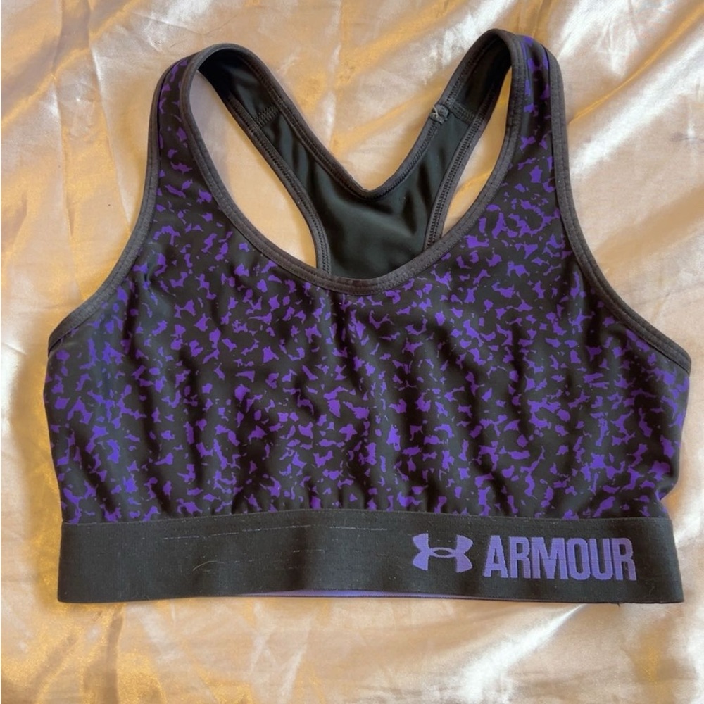 Under Armour Black and Purple High Impact Sports Bra with Racerback Design